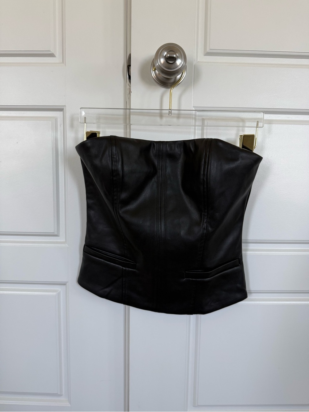 White Fox Boutique Black Faux Leather Bustier Top with Silver Zipper Size Small